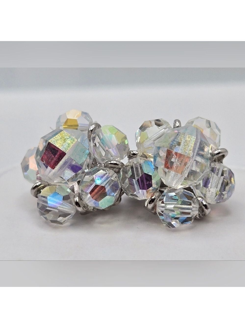 Aurora Borealis AB Handmade Beaded Flower Earrings Vintage Clip On - Picture 4 of 10